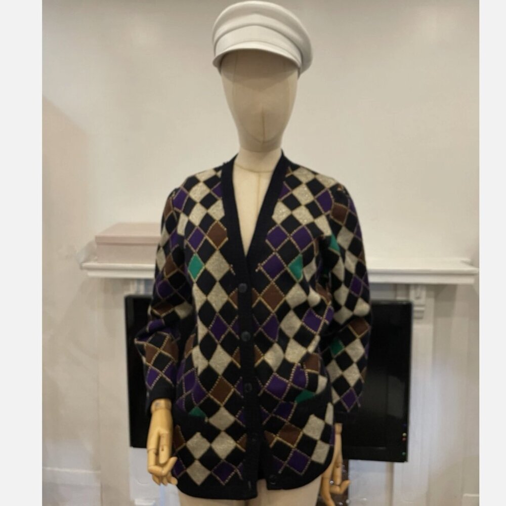 Chantal Thomass | Vintage 80s Wool Lurex Cardigan Size Large Harlequin Print